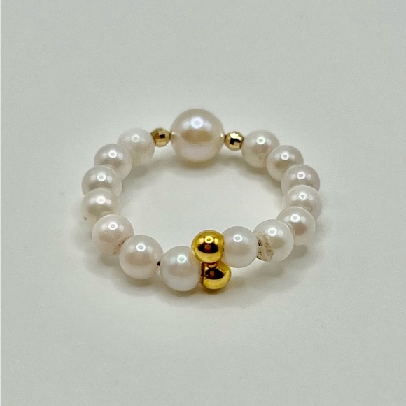 ❣️ Japan 18K Real Yellow Gold Ring Baby Akoya Pearl Stretchable ❣️ - Picture 6 of 6